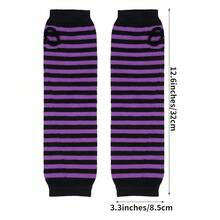 Nydotd Fingerless Long Sleeve Mittens Gloves Y2K Kawaii Japanese Harajuku Gothic Punk Knitted Striped Arm Warmer For Women,BlackPurple - BlackPurple - 查看 7