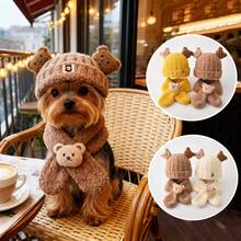 Set de 2 piezas Sombrero + Bufanda para Mascotas, Sombrero de Mascota de Peluche con Diseño de Oso de Dibujos Animados, Bufanda de Mascota con Diseño de Oso de Dibujos Animados, Adecuado para Perros Pequeños en Otoño/Invierno - Multicolor - Ver 12