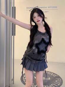 Functional Dystopian Hot Girl Loose Star Embroidery Sleeveless Tank Top, Drawstring Tank Top For Women, Summer Outerwear Casual Vacation - Dark Grey - View 4