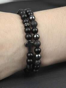 2pcs Men Protection Bracelet Sets- Black Obsidian With Cross Bracelet Confidence, Grounding, Harmony, Healing Yoga Meditation Jewelry Gifts - Black - View 6