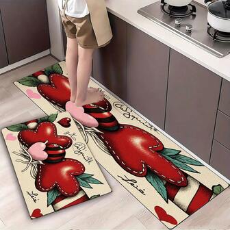 Caliqua & Lis Red Hearts Decor Kitchen Mat, Light Wooden Countertop Matching White Cabinets, Rectangular Non-Slip Tiled Floor Rug With Pink Heart, Green Leaves, Red Black Stripes - Ideal For Ki
