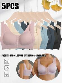 5-Piece Set Of Women's Bras, With Adjustable Front Snap Design, Providing Shaping And Firming Effect, Making The Breast Shape More Rounded And Upright. One-Piece Non-Detachable Padding, Which Doesn't Fall Out Of The Cups. Strong Elasticity, Comfortable Fit, Suitable For Daily Wear Bras. - 彩色 - 查看 1
