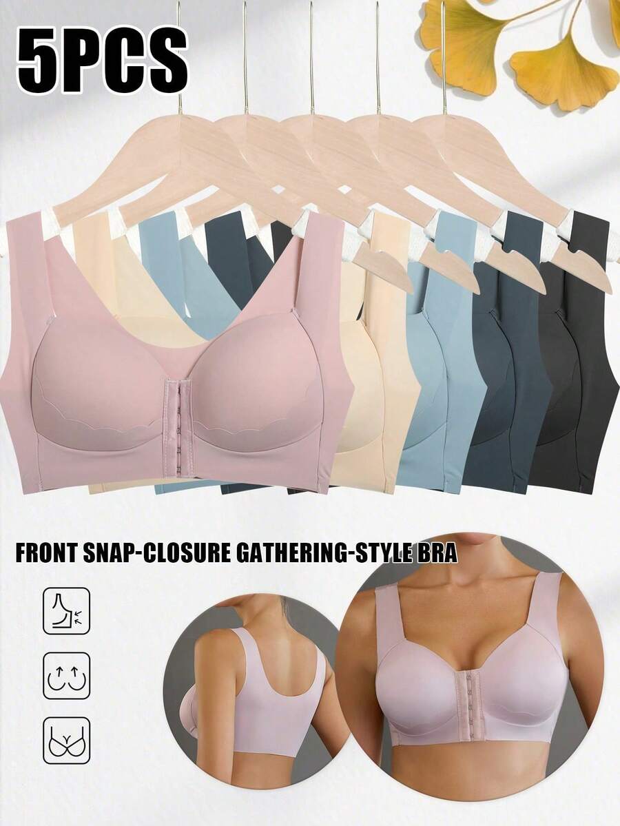 5-Piece Set Of Women's Bras, With Adjustable Front Snap Design, Providing Shaping And Firming Effect, Making The Breast Shape More Rounded And Upright. One-Piece Non-Detachable Padding, Which Doesn't Fall Out Of The Cups. Strong Elasticity, Comfortable Fit, Suitable For Daily Wear Bras. - 彩色 - 查看 1