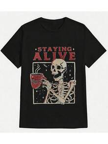 Staying Alive Skeleton Coffee Women's Graphic Print TShirt, Retro Style Pure Cotton Tee, Casual Daily Wear, Perfect Birthday Or Holiday Gift For Her,Comfortable & Expressive Top! - màu đen - Xem 1