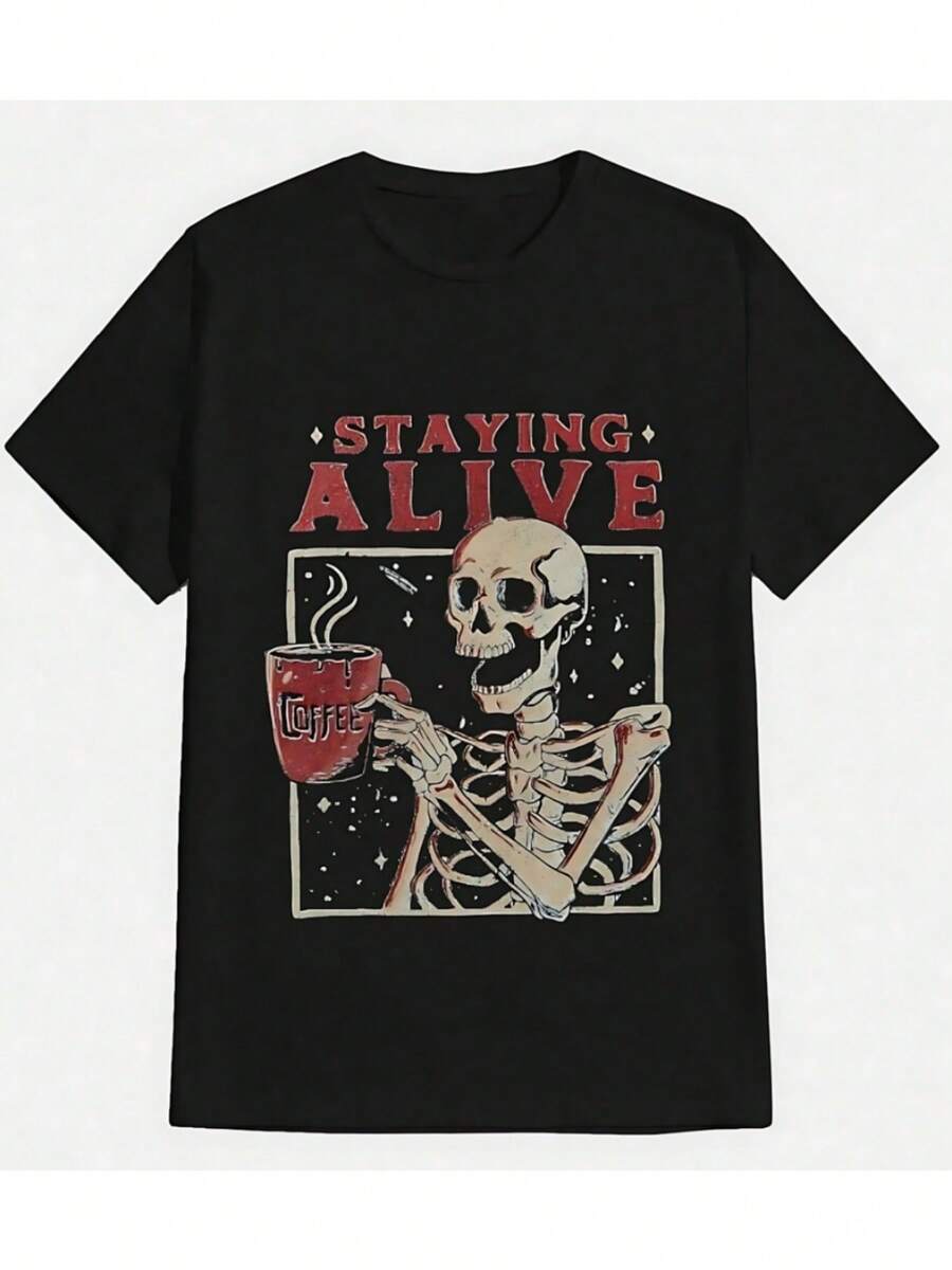 Staying Alive Skeleton Coffee Women's Graphic Print TShirt, Retro Style Pure Cotton Tee, Casual Daily Wear, Perfect Birthday Or Holiday Gift For Her,Comfortable & Expressive Top! - màu đen - Xem 1