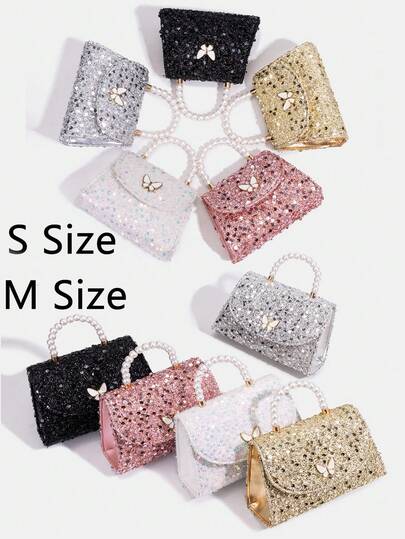 1pc Girls' Fashion Sequin Elegant Handbag, High-End Shoulder Crossbody Bag, Butterfly Decor Hardware Pearl Series Bag, Small & Large Sizes Parent-Child Bag, Coin Purse, Wallet, Adjustable Shoulder Strap Tote, Suitable For Daily, Party, Travel, Ideal Gift