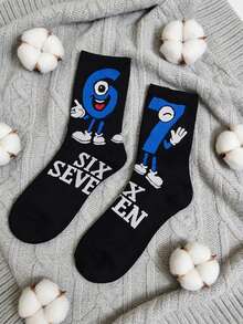 [Washable Gift] Retro 67 Digit Funny Socks - Black, Printed With "67" And Numeric Character Design, Breathable Mid-Calf Casual Funny Socks, Suitable For Themed Outfits, Machine Washable, Cartoon Lover Gift - Multicolor - View 4