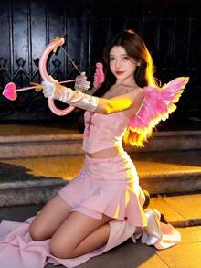 情人节派对服装套装 - 红色角色扮演服装、丘比特弓箭、天使翅膀、心形发箍、透明眼镜 - 派对节日服装、舞台表演道具、摄影配件