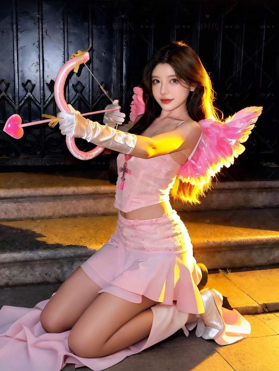 情人节派对服装套装 - 红色角色扮演服装、丘比特弓箭、天使翅膀、心形发箍、透明眼镜 - 派对节日服装、舞台表演道具、摄影配件