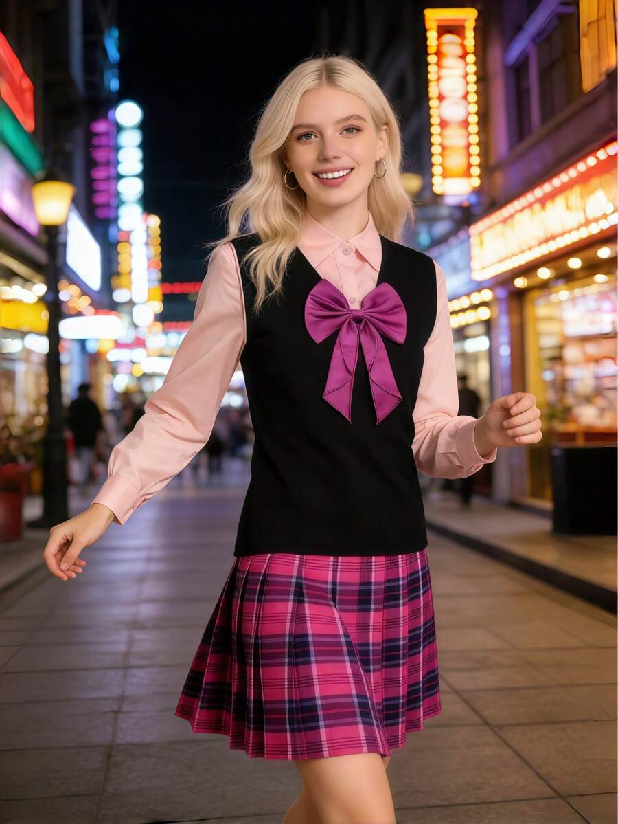 Bộ đồng phục học sinh kiểu Nhật Bản ngọt ngào, gợi cảm: Áo vest màu đỏ đô + Áo thun + Chân váy xếp ly + Nơ lớn, bộ 4 món phù hợp cho tiệc tùng, nhập vai, câu lạc bộ, cosplay, Ngày Valentine. - Nhiều màu - Xem 1