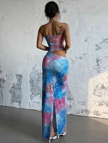 Printed Hollow Waist Design Long Summer Dress, Suitable For Parties And Cocktail Events - Blue - View 5