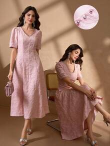 Elegant V-Neck Beaded Puff Sleeve A-Line Luxury Fashion Midi Dress For Women - Pink - View 1
