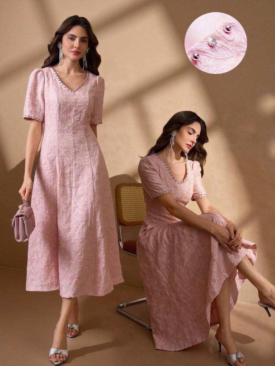 Elegant V-Neck Beaded Puff Sleeve A-Line Luxury Fashion Midi Dress For Women - Pink - View 1