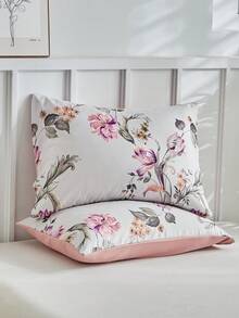 2/3件套花卉印花涤纶被套组，田园风格，柔软透气，儿童/女孩卧室床上用品套装，四季皆宜，拉链封口，可机洗（1个被套+2个枕套） - 彩色 - 查看 5