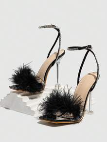 Giày sandal cao gót nữ màu đen mũi vuông, hở mũi, đính đá lấp lánh, quai ngang mắt cá chân, trong suốt, thoáng khí, gót pha lê sáng bóng, thích hợp cho mùa hè. - màu đen - Xem 5