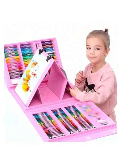 208件套学生美术用品套装，包含蜡笔和彩色铅笔，可水洗（图案和颜色多样，不限于图片所示），适合初学者，可作为圣诞节、返校季、毕业礼物、校园用品、家庭聚会礼物。