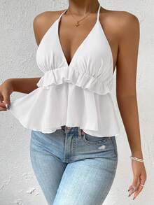 Women's Summer Solid Color Deep V-Neck Ruffle Trim Backless Halter Top White Casual - White - View 4
