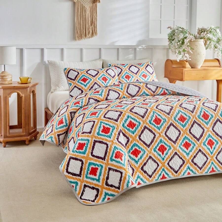 3pcs King Size Duvet Cover Set With Pillowcase, Lightweight & Soft Quilted Bedspread, Digital Printed Bed Cover For All Seasons, Spring/Summer - Multicolor - View 1