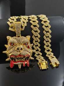 1 Set Bulldog Pendant Rhombus Cuban Chain Necklace & Bracelet, Men's Red Watch, Fashionable & Cool Men Accessories - Red - View 19