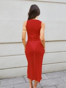 Halouya Women's Solid Color Shiny Mesh Fitted Round Neck Backless Sleeveless A-Line Dress, Sexy & Elegant For Beach & Holiday - Red - View 3