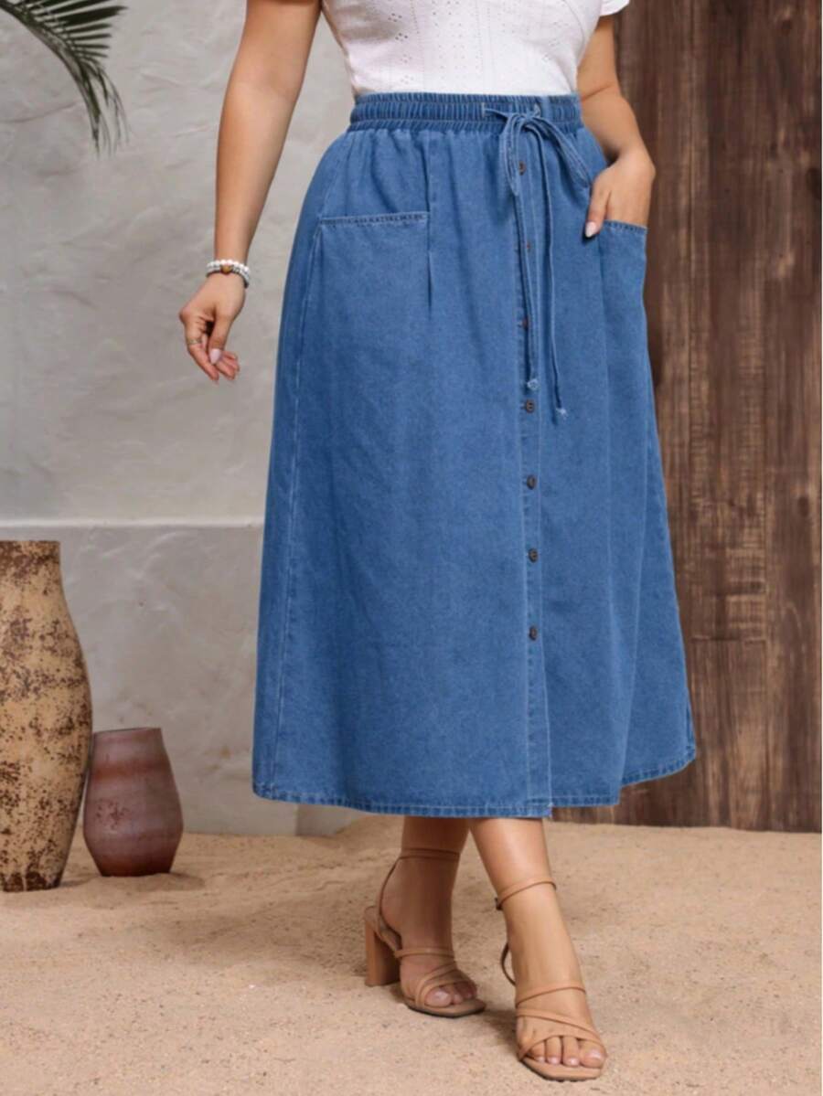 Plus Size High Waisted Snug Casual Blue Slanted Pocket Curved Women's Jeans Dress - 中等水洗藍 - 查看 1