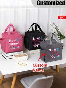 1pc Customized Name Nurse Tote Bag, Personalized Nurse Theme Lunch Bag, Custom Name, Heartbeat & Stethoscope Print Design - Multicolor - View 3