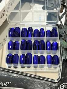 144片蓝宝石色磁性猫眼假指甲，方形短棺材形亮面可重复使用全覆盖指甲贴片，适合情人节、派对、婚礼、日常美甲用品 - 彩色 - 查看 1