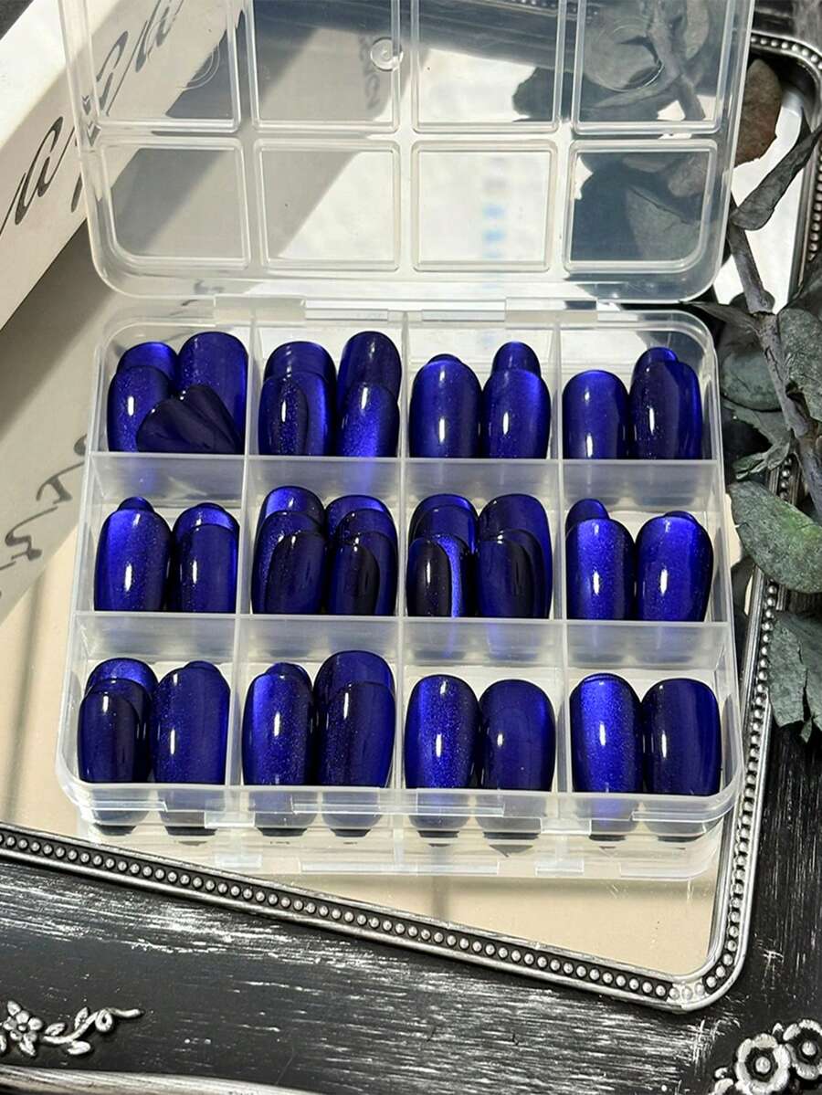 144片蓝宝石色磁性猫眼假指甲，方形短棺材形亮面可重复使用全覆盖指甲贴片，适合情人节、派对、婚礼、日常美甲用品 - 彩色 - 查看 1