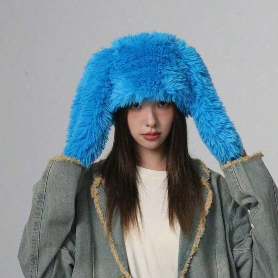 Women's Rabbit Ear Hat – Soft Plush Winter Hat, Cute Cartoon Design, Cozy And Warm, Perfect For Cold Weather Daily Wear - 藍色 - 查看 1