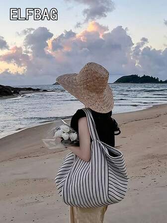 1 pezzo Borsa a tracolla di grande capacità alla moda con motivo a righe, borsa casual con apertura superiore, stile da spiaggia e vacanza, borsa della spesa da donna di extra-large capacità e pieghevole, borsa a righe retrò classica, adatta per pendolarismo quotidiano, shopping, viaggi e vacanze