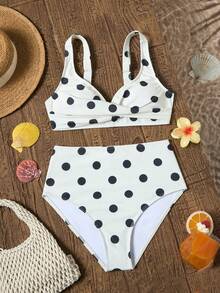 Women's Fashionable & Elegant Polka Dot Bikini Set, Crossover Strap High Waist Swimsuit, Contrast Binding, Stretchy Fabric Summer Beach 2 Pieces Vacation - Champagne - View 2
