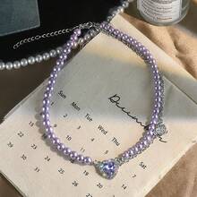 Purple Heart Necklace Pearl Double Layer Clavicle Chain Elegant Heart Pendant Short Style - Purple Heart Necklace - View 4