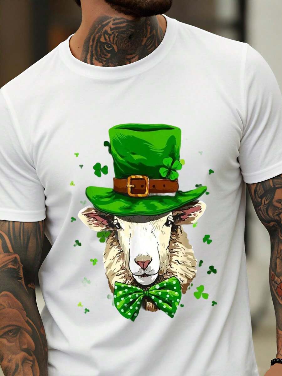 St Patrick's Day Sheep With Green Hat And Bow Tie T Shirt For Men And Women Funny Irish Holiday Costume Party Wear Casual Top - White - View 1