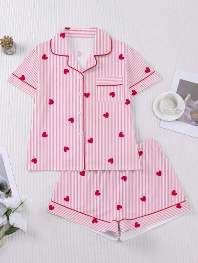 HOREA 2pcs Women's Sleepwear Set, Heart & Stripe Print, Romantic Valentine's Day Gift, Comfortable Shirt Collar Short Sleeve Top And Loose Elastic Shorts, Suitable For Parties, Casual Outdoor And Daily Home Wear