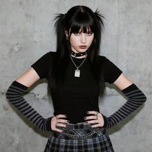 Nydotd Fingerless Long Sleeve Mittens Gloves Y2K Kawaii Japanese Harajuku Gothic Punk Knitted Striped Arm Warmer For Women,BlackGrey - 黑灰色 - 查看 3