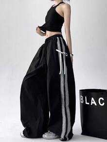 时尚轻薄夏季长裤，2025秋季新款蕾丝边宽松街舞高腰阔腿裤 - 黑色 - 查看 3