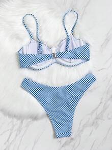 Women's Bikini Set, Cute Blue Plaid Pattern With Floral Decor, Casual Beach Swimwear For Summer Holiday Vacation - Blue - View 5