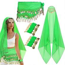 1 Belly Dance Set,Hand-Sewn Golden Coin Belly Dance Hip Scarf With Chiffon Bandana & Wrist Bracelets, Belly Dance Accessories - Multicolor - View 12