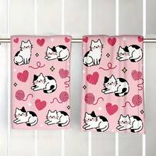 2pcs Cartoon Cow & Cat Print Cleaning Cloths, Dish Towels, Tea Towels, Placemats - Soft, Absorbent, Reusable Household Cleaning Rags - Multicolor - View 1