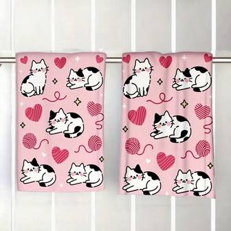 2条卡通奶牛和猫咪印花清洁布，可作洗碗巾、茶巾、餐垫 - 柔软、吸水性强、可重复使用的家用清洁抹布