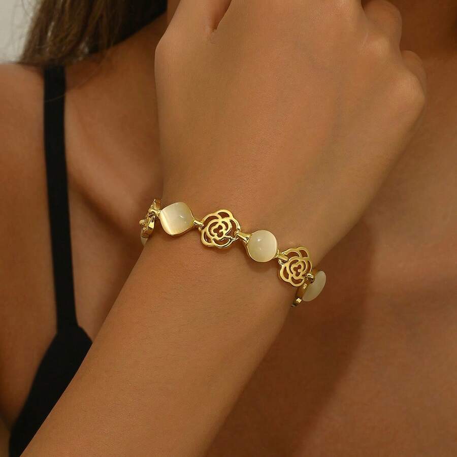 Pulsera de piedra lunar rosa dorada popular en para mujeres, simple, lujosa y elegante - Dorado - Ver 1