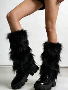 女士仿毛皮腿套，温暖蓬松的靴套/袖套，适合冬季、派对、万圣节、圣诞老人装扮，Y2K风格 - 彩色 - 查看 9