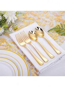 10 piezas Juego de cubiertos de acero inoxidable dorado, adecuado para reuniones familiares, campamentos y actividades de barbacoa, juego de tenedores y cucharas, decoración y accesorios de cocina, almacenamiento y organización de cocina, utensilios de cocina