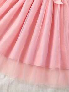 Girls Rose Print Dress, Pink Mesh Flared Skirt, Flutter Sleeves, Cinched Waist Princess Dress, Summer - Pink - View 7