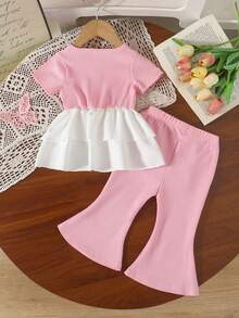 2pcs Girls Toddler Casual Bow Decor Soft Knitted Jacquard Short Sleeve Top And Flare Pants Set, Suitable For Outdoor Wear, Spring/Summer - Pink - View 2