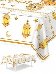 Față de masă aurie Eid Mubarak 1 buc, față de masă pentru sărbătoarea Eid cu stea aurie, semilună și model floral, față de masă din poliester 90 * 140 cm / 140 * 180 cm, accesorii pentru petrecerea Eid, decorațiuni Eid, decor islamic pentru întâlniri Ramadan, decor pentru casă Eid Mubarak, decor pentru bucătărie, cadou Eid