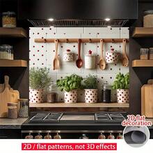 1pc 2D Flat | Kitchen Wall Sticker | A Kitchen Wall Decorated With Kitchen Utensils And Green Plant Pots, Creating A Vibrant Atmosphere | Easy-To-Remove Decoration | Perfect For Outdoor, Garden, Or Home Use. Wallpaper, Wall Sticker, Decorative Wall Decal, Wall Decoration, Self-Adhesive Paper - Multicolor - View 6
