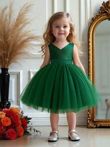 女婴无袖V领露背蝴蝶结花童礼服，适合派对、婚礼、节日等场合，不含头饰 - 墨綠色 - 查看 4