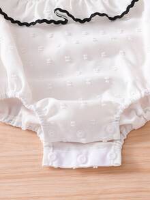 Gentle & Versatile! Baby Girls' White Textured Romper With Black Trim Floral Collar, White Polka Dot Pattern, Matching Hair Accessory, Breathable Soft Fabric For Spring/Autumn Everyday/Outdoor Wear - White - View 8