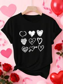 Women's Valentine's Day Love Heart Print T-Shirt - Short Sleeve Round Neck Casual Blouse With Hand-Drawn Cupid & Amorous Phrases, S-XXL Sizes, Spring - 黑色 - 查看 6